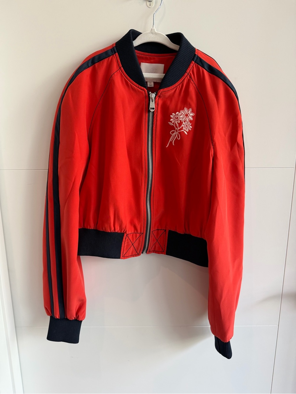 Red Bomber Jacket with Navy Trim and Floral Embroidery (One of a Kind)